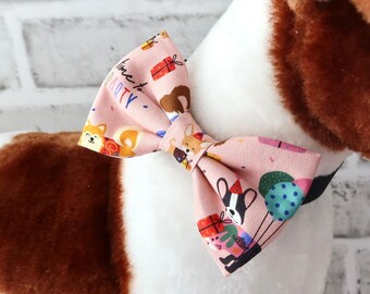 Pet Bow Tie - Pink Birthday Party Animal Print Over-the-Collar Bowtie for Cats or Dogs, Limited Edition Gift Accessory