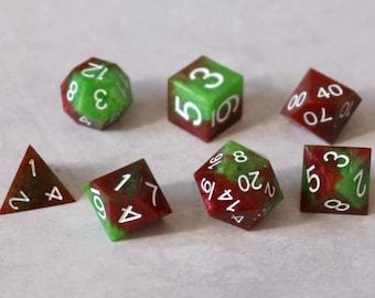 Green and Red Pearlescent Dice – Handmade Sharp Edge RPG Dice