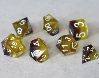 Yellow and Purple Sharp Edge Dice – Handmade Alcohol Ink RPG Dice