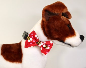Bumblebee Heart Valentine Pet Bow – Red & Yellow Bee Pattern Over-the-Collar Bow for Dogs Cats