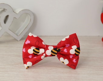 Bumblebee Heart Valentine Hair Bow – Red & Yellow Bee Pattern Hair Accessory for Girls, Toddlers, Women