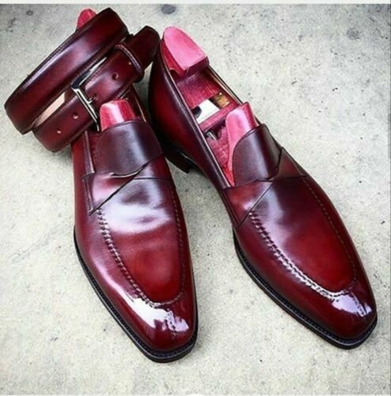 New-men's Handmade Burgundy Leather Twisted Strap Pointed Toe Loafers ...