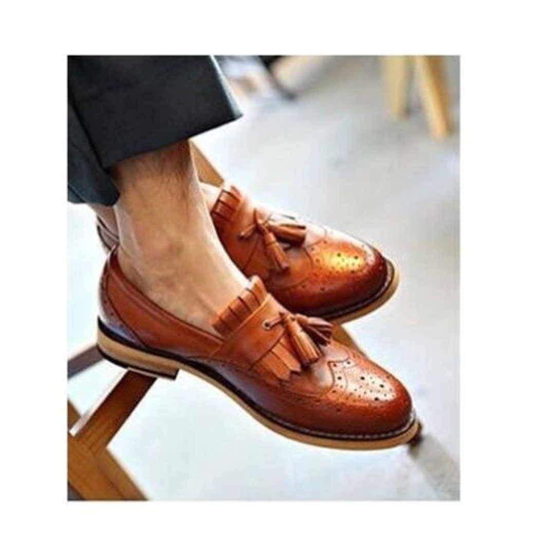 Awesome Handmade Men's Two Tone Leather & Suede Wing Tip Brogue Tassel  Loafer Shoes, Men Dress Formal Loafer Shoes