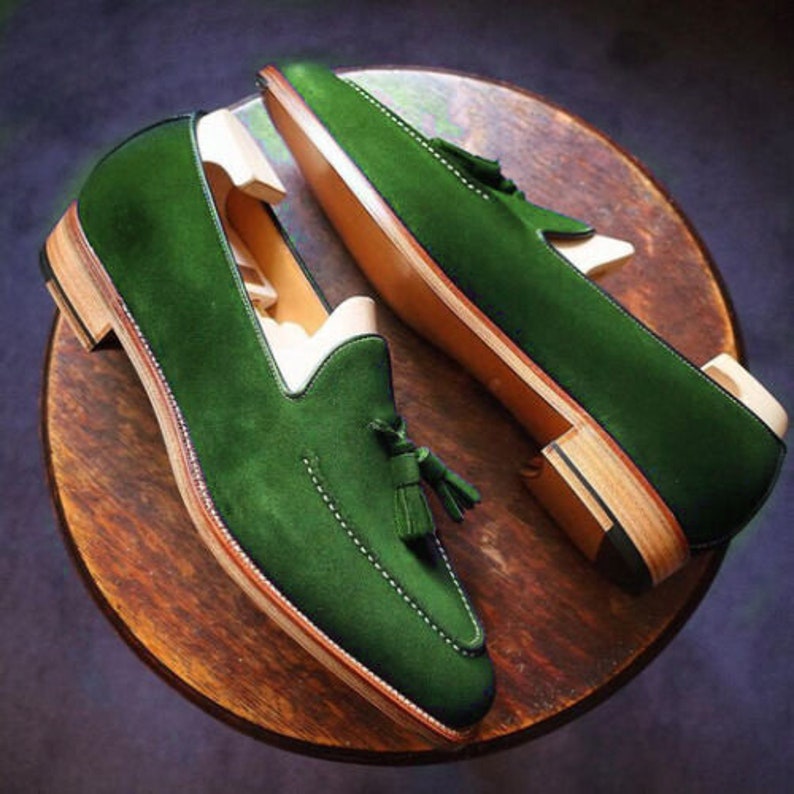 Handmade Men Green Suede Leather Moccasins, Men Loafer Suede Wedding