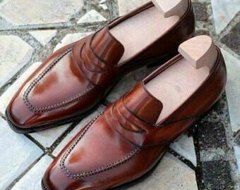 Latest Handmade Loafers For Men, Brown Leather Classic Moccasin Shoes, Slip on Bespoke Shoes, Gift For Him.