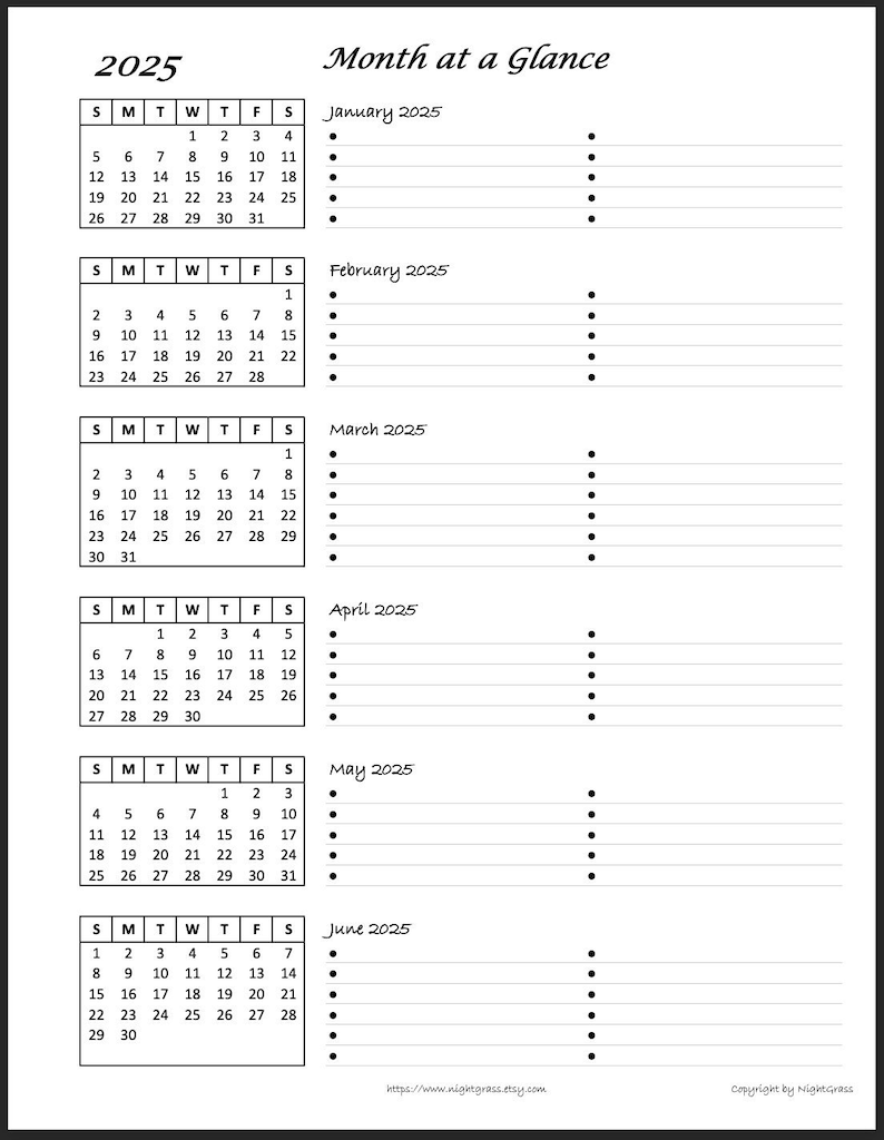 Op de afbeelding: Een printbare kalender voor het jaar 2025. De kalender is verdeeld in 12 maanden, waarbij elke maand op een aparte pagina wordt weergegeven. De kalender is ontworpen in een eenvoudige, minimalistische stijl, met zwarte tekst op een witte achtergrond.