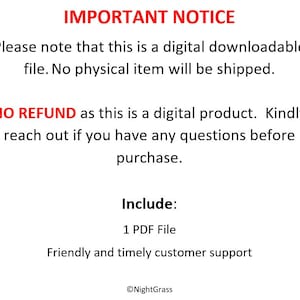 Op de afbeelding: Belangrijke mededeling: Dit is een digitale download, er wordt geen fysiek item verzonden. GEEN TERUGBETALING omdat dit een digitaal product is. Neem contact met ons op als je vragen hebt voordat je koopt. Inbegrepen: 1 PDF-bestand. Vriendelijke en snelle klantenservice. &copy;NightGrass
