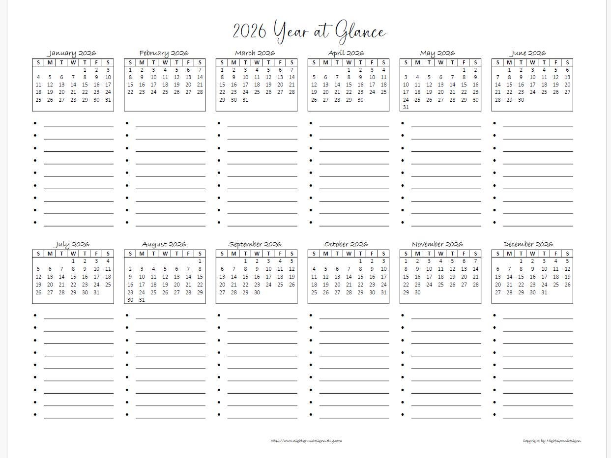 2026 Year at a Glance (dot) Minimalist Printable Calendar, 8.5x11 ...