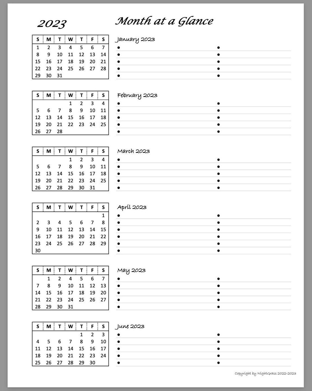 2023-6-month-at-a-glance-minimalist-calendar-8-5x11-download-now-etsy