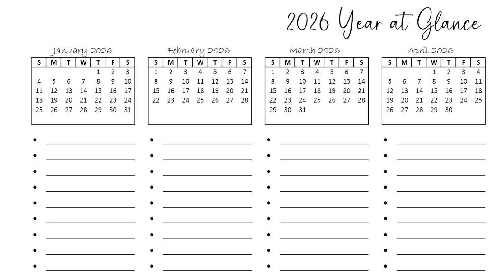 2026 Year at a Glance (dot) Minimalist Printable Calendar, 8.5x11 ...