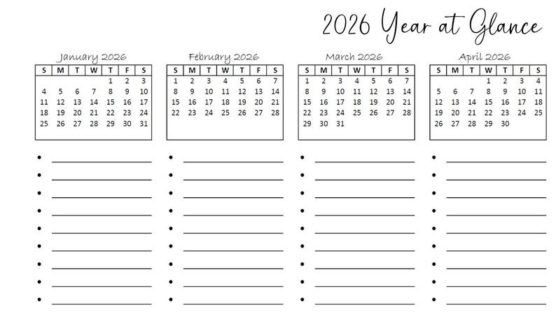 2026 Year at a Glance (dot) Minimalist Printable Calendar, 8.5x11 ...