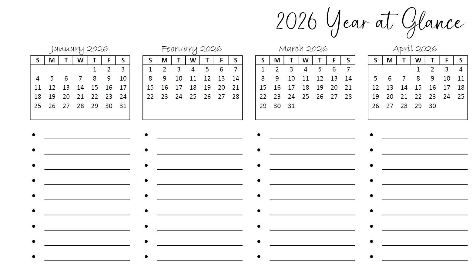 2026 Year at a Glance (dot) Minimalist Printable Calendar, 8.5x11 ...