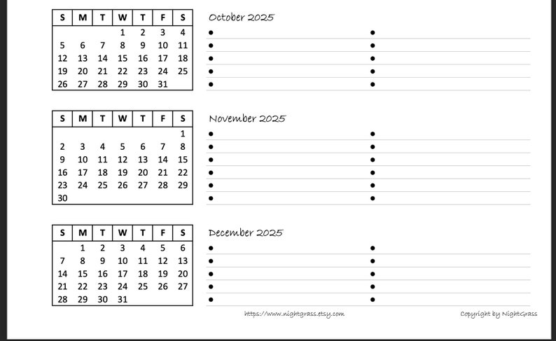 Op de afbeelding: Een printbare kalender voor oktober, november en december 2025. De kalender is in een eenvoudig zwart-wit ontwerp met elke maand weergegeven in een apart vak. Elk vak heeft een raster met de dagen van de week die bovenaan zijn gelabeld en de nummers 1 tot en met 31 die in het raster zijn vermeld.