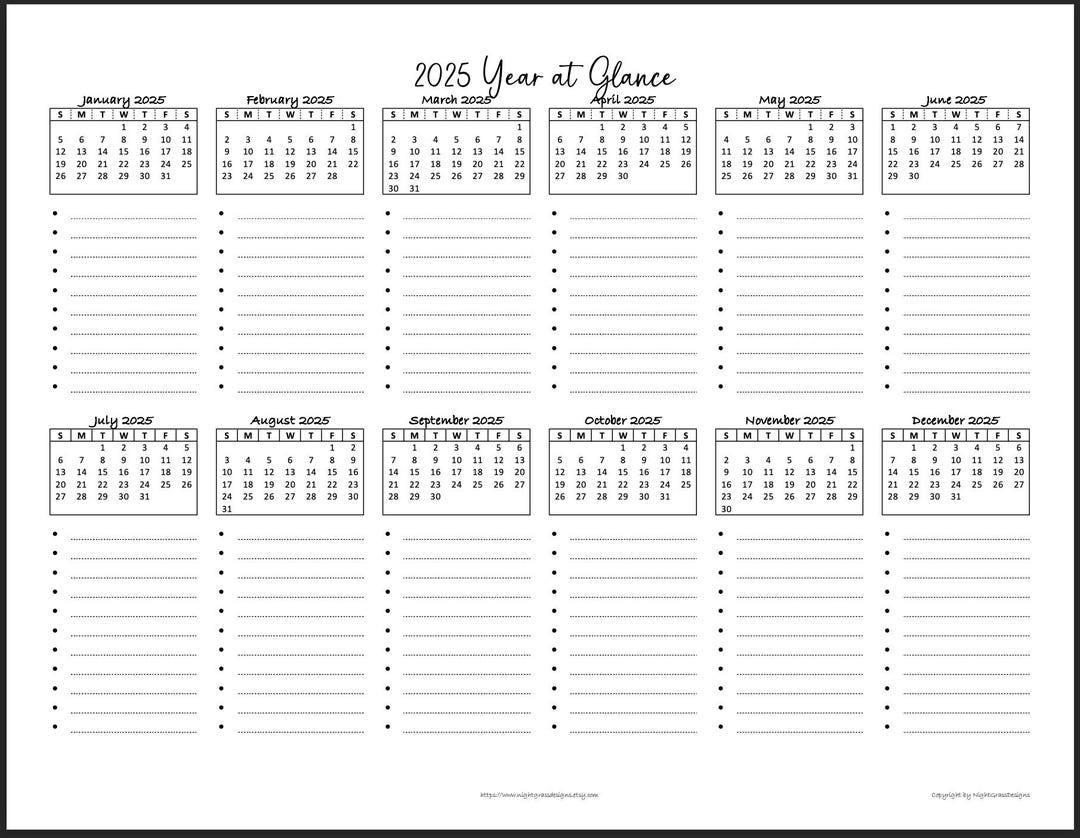2025 Year at a Glance Minimalist Printable Calendar, 8.5x11 Instant PDF ...