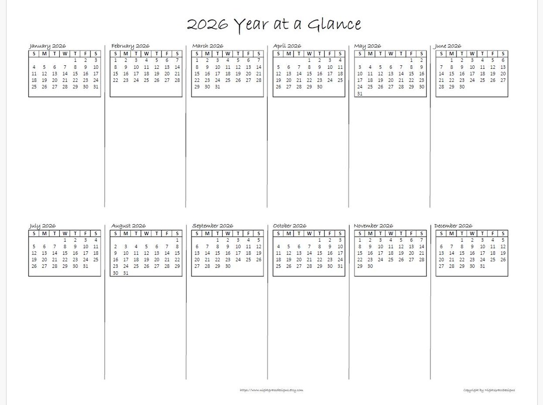 2026 Year at a Glance Minimalist Printable Calendar (blank), 8.5x11 ...