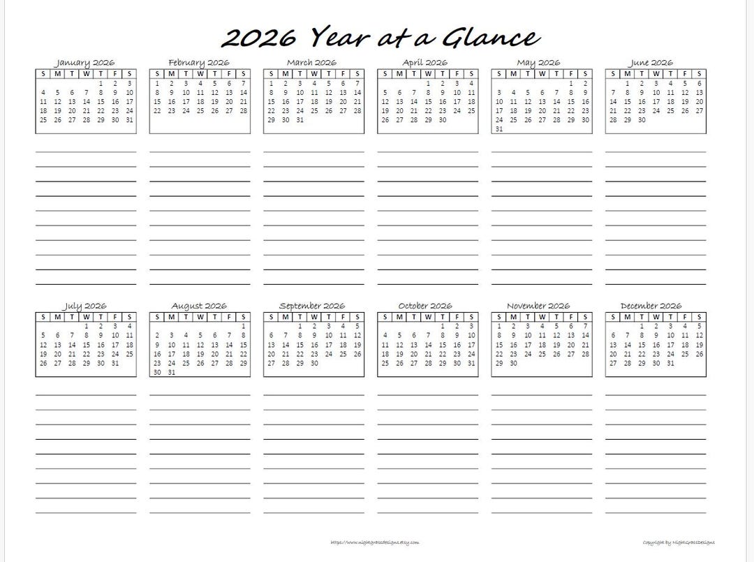 2026 Year at a Glance Minimalist Printable Calendar (line), 8.5x11 ...