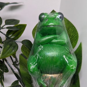 May include: A green frog figurine sitting on a gold base, wrapped in clear plastic and surrounded by green leaves.