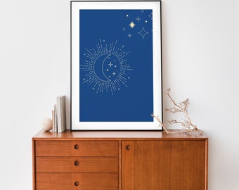 Navy Blue Boho Sun and Moon Print: Celestial Wall Art (Digital Download)