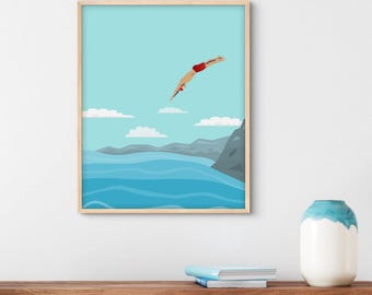 Swimmer Wall Art: Summer Beach Poster (Digital Download, PDF Files Available in Multiple Sizes)