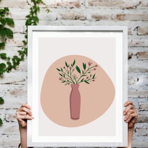 Abstract Pottery Art Print, Downloadable Vase Print, Minimalist Plant Art, Boho Botanical Wall Art - Pink Vase Print -  Clay Pottery Decor