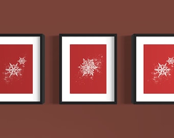 Red Snowflake Christmas Print Set: Minimalist Holiday Decor (Digital Download)