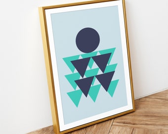 Arte mural abstracto geométrico - Verde azulado y azul marino - Descarga digital imprimible