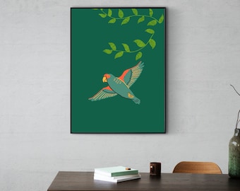 Arte de pássaro verde esmeralda - Decoração de parede abstrata contemporânea para imprimir - Download digital instantâneo