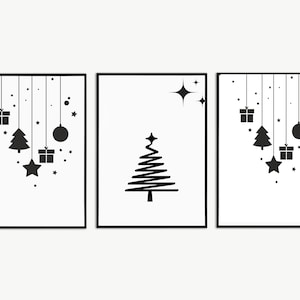 Moderne zwart-witte kerstmuurkunstset - afdrukbaar kerstdecor - vakantiemuurgalerij - zwart-witillustraties digitale download