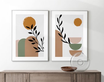 Láminas de arte abstracto estilo bohemio para pared: Beige, verde y terracota (juego de 3, descarga digital)