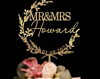 Personalized Wedding Cake Topper: Custom Wood Script Wreath