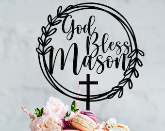 God Bless Cake Topper With Name,  Christening Cake Topper, Personalized Baptism,  First Confirmation Cake topper, Communion Cake Topper
