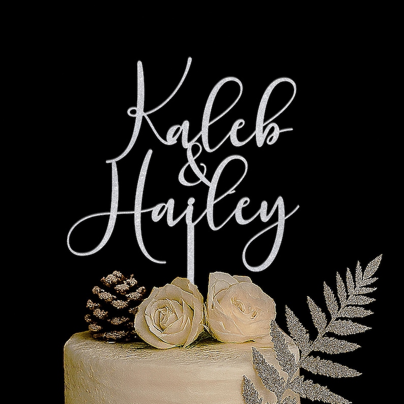 A silver glitter cake topper