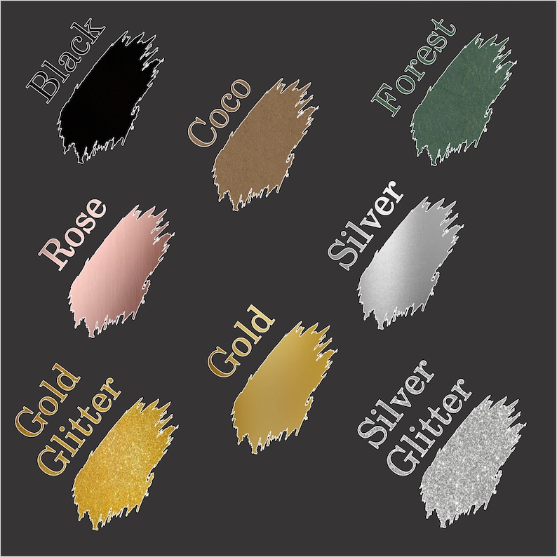 May include: A color chart featuring eight textured paint swatches on a dark gray background. The labels are Black, Coco, Forest, Rose, Silver, Gold, Gold Glitter, and Silver Glitter, each positioned next to its corresponding color sample.