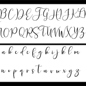 May include: A black and white graphic displaying the full English alphabet in a cursive script font. The uppercase letters A through Z are arranged in two rows, followed by a horizontal line, and the lowercase letters a through z below.