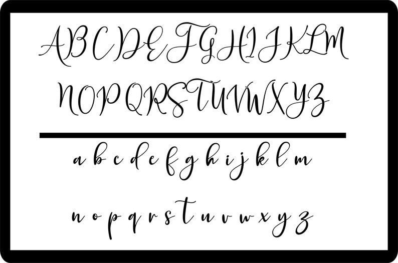 May include: A black and white graphic displaying the full English alphabet in a cursive script font. The uppercase letters A through Z are arranged in two rows, followed by a horizontal line, and the lowercase letters a through z below.