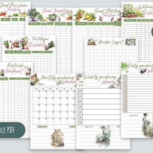 Puede incluir: P&aacute;ginas de planificador de jard&iacute;n imprimibles con ilustraciones de acuarela de plantas y herramientas de jardiner&iacute;a. Las p&aacute;ginas incluyen secciones para el seguimiento de la compra de semillas, la lista de inventario de semillas, el seguimiento del inicio de las semillas, el calendario de riego, el calendario de fertilizantes, el dise&ntilde;o del jard&iacute;n, el tratamiento de plagas, el planificador de jardiner&iacute;a mensual, el planificador de jardiner&iacute;a semanal y el planificador de jardiner&iacute;a diario.