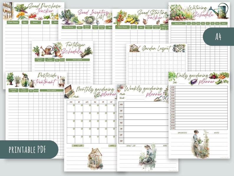 Puede incluir: P&aacute;ginas de planificador de jard&iacute;n imprimibles con ilustraciones de acuarela de plantas y herramientas de jardiner&iacute;a. Las p&aacute;ginas incluyen secciones para el seguimiento de la compra de semillas, la lista de inventario de semillas, el seguimiento del inicio de las semillas, el calendario de riego, el calendario de fertilizantes, el dise&ntilde;o del jard&iacute;n, el tratamiento de plagas, el planificador de jardiner&iacute;a mensual, el planificador de jardiner&iacute;a semanal y el planificador de jardiner&iacute;a diario.