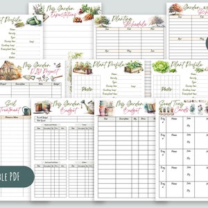 Puede incluir: Planificador de jard&iacute;n imprimible con ilustraciones de acuarela. Incluye p&aacute;ginas para perfiles de plantas, calendario de siembra, calendario de trabajo en el jard&iacute;n, tratamiento del suelo, presupuesto del jard&iacute;n y tarjetas de bandejas de semillas. Tama&ntilde;o A4.