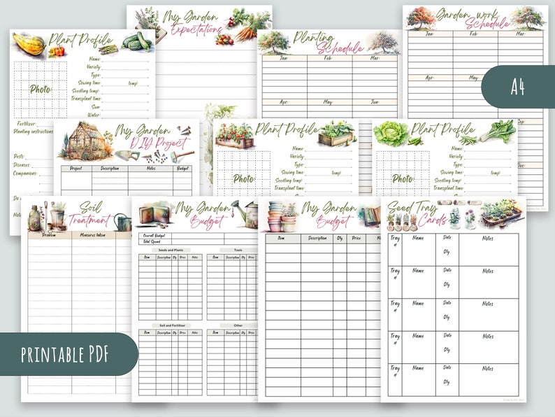 Puede incluir: Planificador de jard&iacute;n imprimible con ilustraciones de acuarela. Incluye p&aacute;ginas para perfiles de plantas, calendario de siembra, calendario de trabajo en el jard&iacute;n, tratamiento del suelo, presupuesto del jard&iacute;n y tarjetas de bandejas de semillas. Tama&ntilde;o A4.