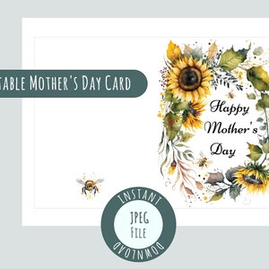 Modèle de carte postale aquarelle pour la fête des mères - carte de voeux florale imprimable, téléchargement immédiat, créations artisanales, abeille avec tournesol au format JPEG