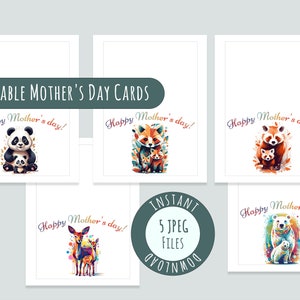Modèles de cartes postales pour la fête des mères - 5 dessins aquarelles avec des animaux mignons, voeux imprimables, 5 fichiers JPEG, téléchargement immédiat