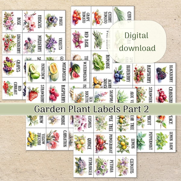 Garden Labels - 5 Printable  Pages of Watercolor Vibrant Veggie & Herb Markers, Digital Download for Home Gardening, Eco-Friendly Plant Tags