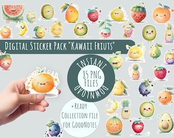Pacote de adesivos em aquarela Kawaii para Goodnotes - 85 linda coleção de PNGs digitais, download instantâneo para planejadores, diários e álbuns de recortes