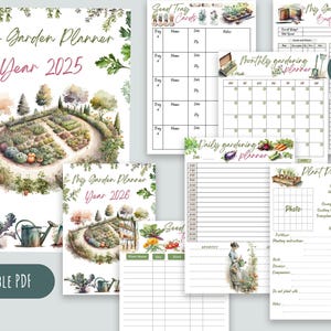 Puede incluir: Planificador de jard&iacute;n imprimible con ilustraciones de acuarela de un jard&iacute;n, una regadera y verduras. El planificador incluye p&aacute;ginas para tarjetas de bandejas de semillas, planes de jardiner&iacute;a mensuales y diarios, y perfiles de plantas. El texto de la portada dice "My Garden Planner Year 2025" y "Printable PDF".
