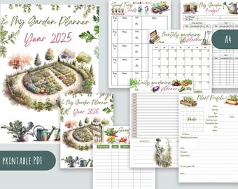 Printable Garden Planner 2025-2026, 24 Watercolor A4 Pages - Digital Download, Gardening Organization, Seasonal Planting Guide, DIY Journal