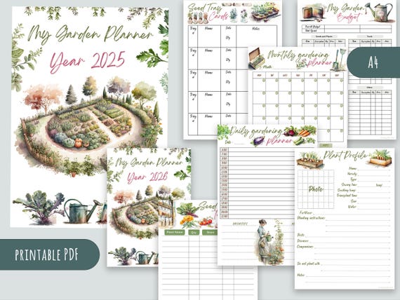 Printable Garden Planner 2025-2026, 24 Watercolor A4 Pages - Digital Download, Gardening Organization, Seasonal Planting Guide, DIY Journal