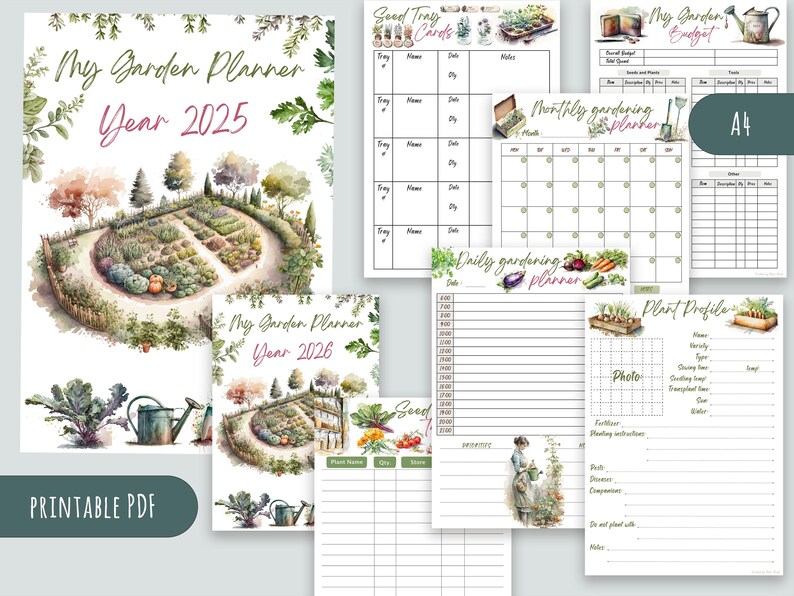 Puede incluir: Planificador de jard&iacute;n imprimible con ilustraciones de acuarela de un jard&iacute;n, una regadera y verduras. El planificador incluye p&aacute;ginas para tarjetas de bandejas de semillas, planes de jardiner&iacute;a mensuales y diarios, y perfiles de plantas. El texto de la portada dice "My Garden Planner Year 2025" y "Printable PDF".