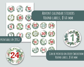 Adesivos digitais do calendário do advento prontos para imprimir em papel A4 download instantâneo DIY adventskalenderzahlen diâmetro redondo 60 mm decoração de inverno