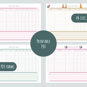 May include: Four printable medication tracker sheets in A4 size. Each sheet has a different color theme: pink, green, beige, and blue. The sheets are designed with a simple grid layout and include sections for medication name, dosage, time, and notes.
