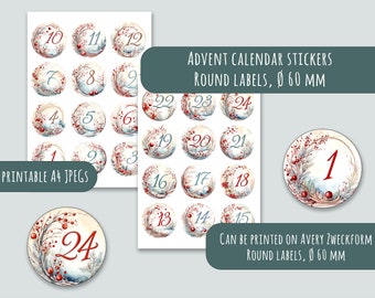 Adesivos digitais do calendário do advento prontos para imprimir em papel A4 download instantâneo DIY adventskalenderzahlen diâmetro redondo 60 mm decoração de inverno
